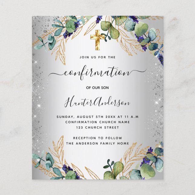 Confirmation silver eucalyptus greenery invitation flyer (Front)