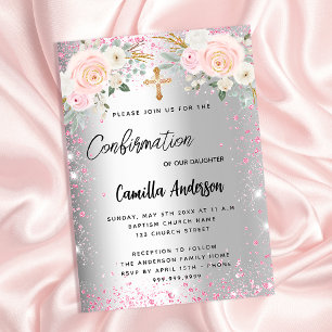 Confirmation silver pink florals girl sparkles invitation postcard