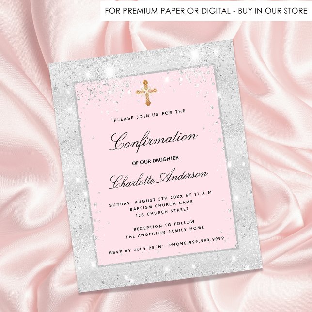 Confirmation silver pink glitter budget invitation (Creator Uploaded)