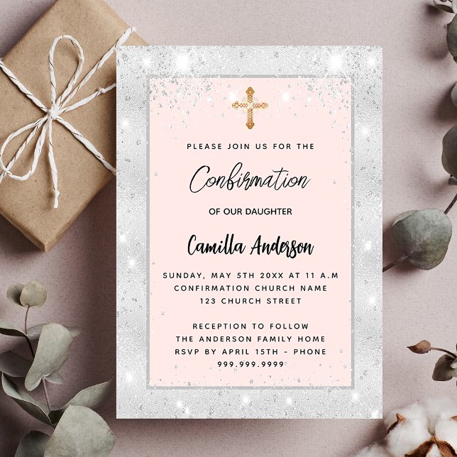 Confirmation silver rose gold blush sparkles invitation (Creator Uploaded)