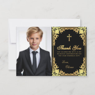 Confirmation Vintage Black Faux Gold Boy Photo Thank You Card