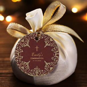 Confirmation Vintage Gold on Burgundy Red Elegant Favour Tags