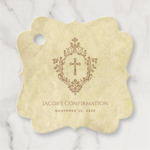 Confirmation Vintage Parchment Brown Cross & Crest Favour Tags