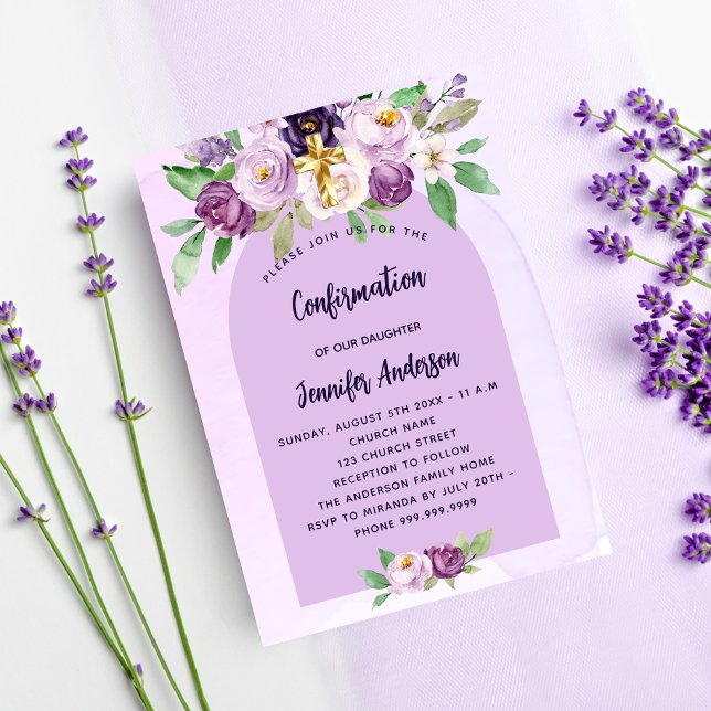 Confirmation violet purple flowers cross girl invitation (Creator Uploaded)