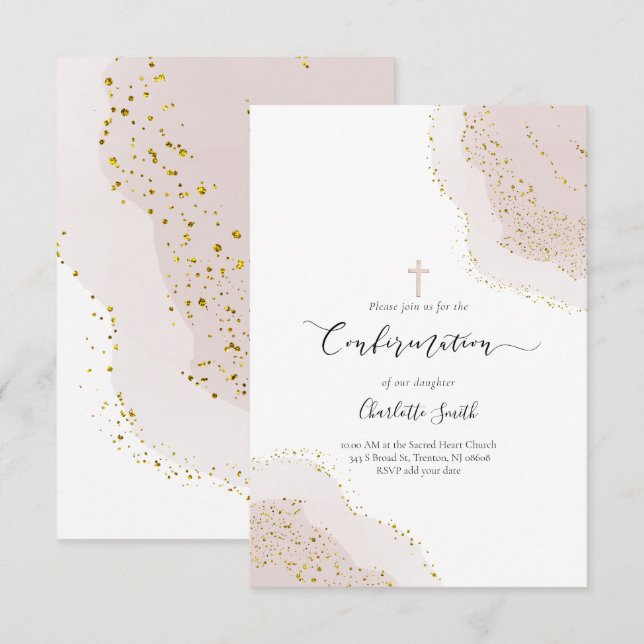 Confirmation watercolor pink agate decor invitation (Front/Back)
