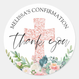 Confirmation Watercolor Pink Floral Thank You Classic Round Sticker