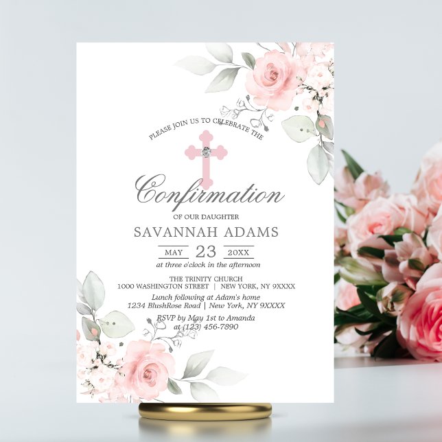 Confirmation Watercolor Pink Rose Girl Invitation (Confirmation Watercolor Pink Rose Girl Invitation)