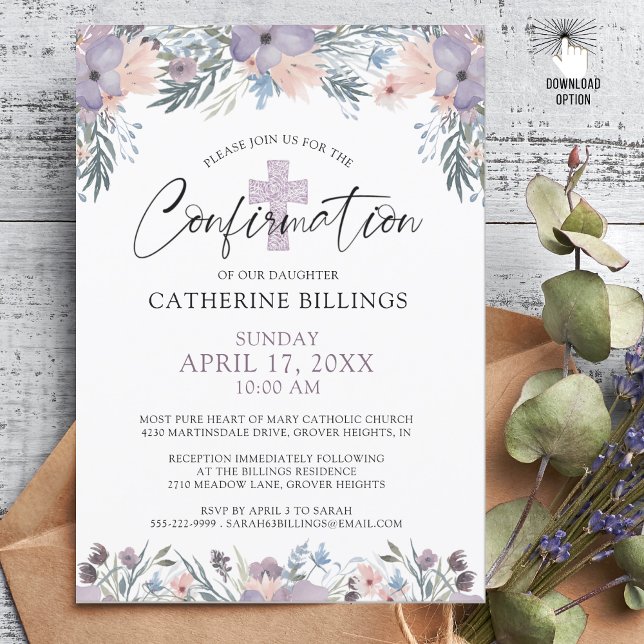 Confirmation Watercolor Purple Floral Wildflowers Invitation (Creator Uploaded)