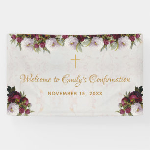 Confirmation Welcome Burgundy Peony Marble Floral Banner