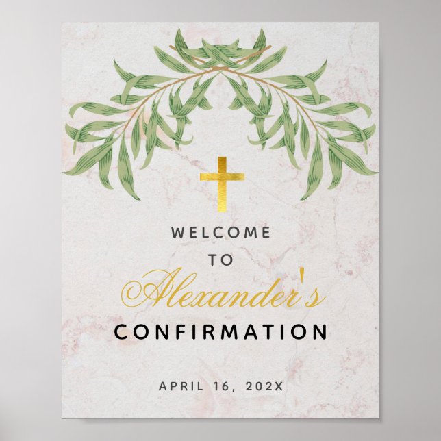 Confirmation Welcome Greenery Gold Cross Marble Poster (Front)