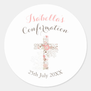Confirmation white floral cross name classic round sticker