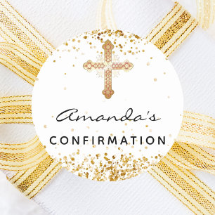 Confirmation white gold glitter cross name  classic round sticker