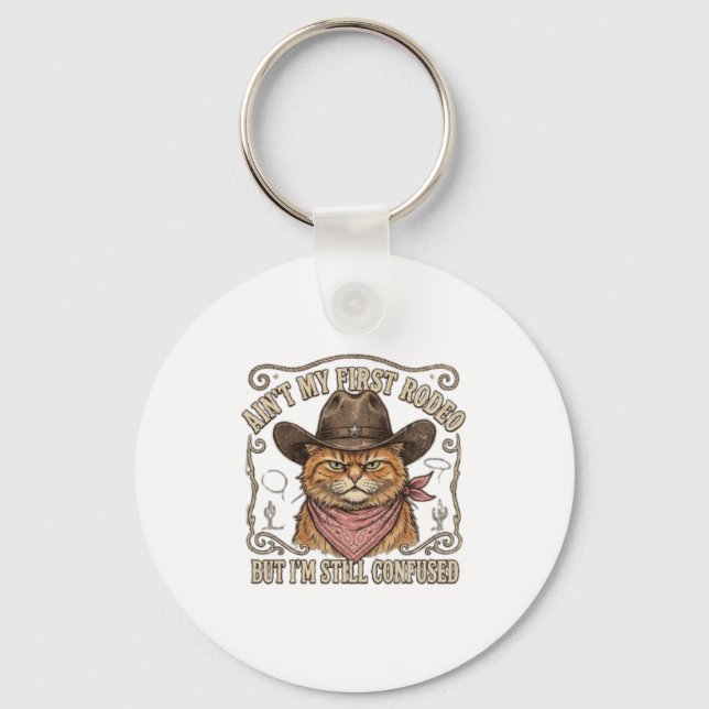 Confused Cowboy Cat Rodeo Key Ring (Front)