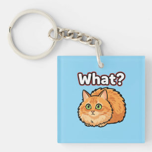 Confused Fluffy Orange Cat "What?" Meme keychain 