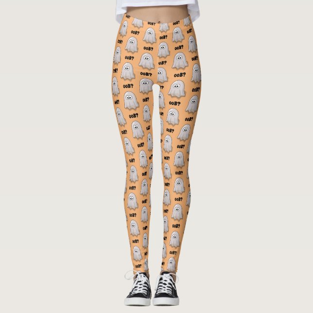 Confused Ghost Says "Oob?" Funny Halloween Cartoon Leggings (Front)