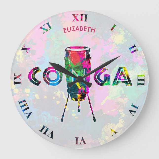 Conga Cuban Drum Colourful Tumbadora Latin Music Large Clock (Front)