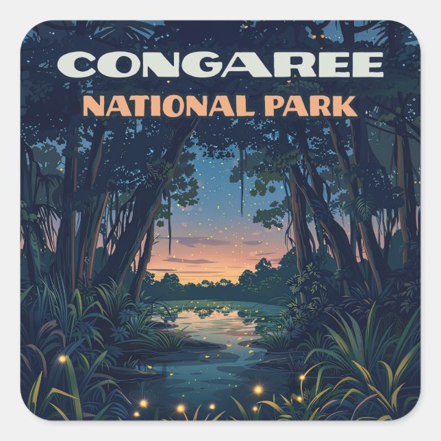 Congaree National Park Swamp South Carolina Retro Square Sticker (Front)