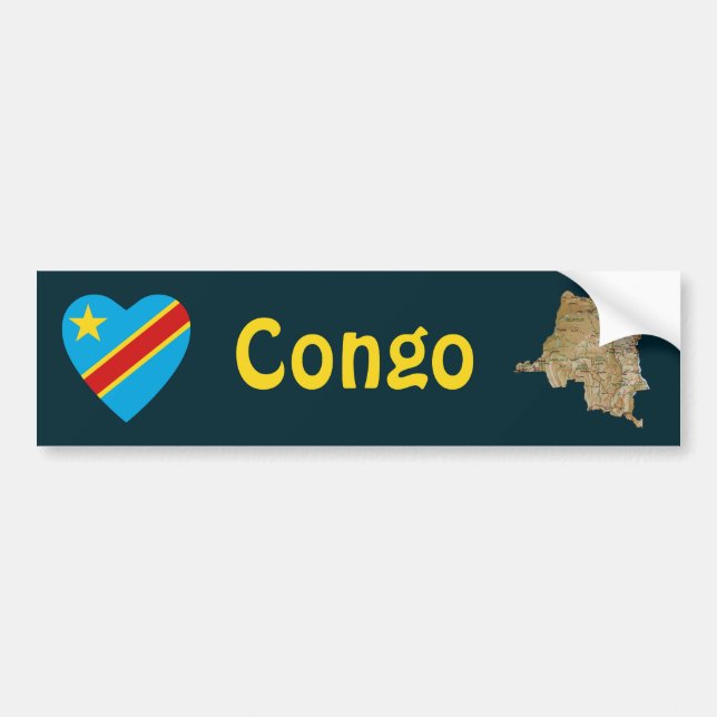 Congo-Kinshasa Flag Heart + Map Bumper Sticker (Front)