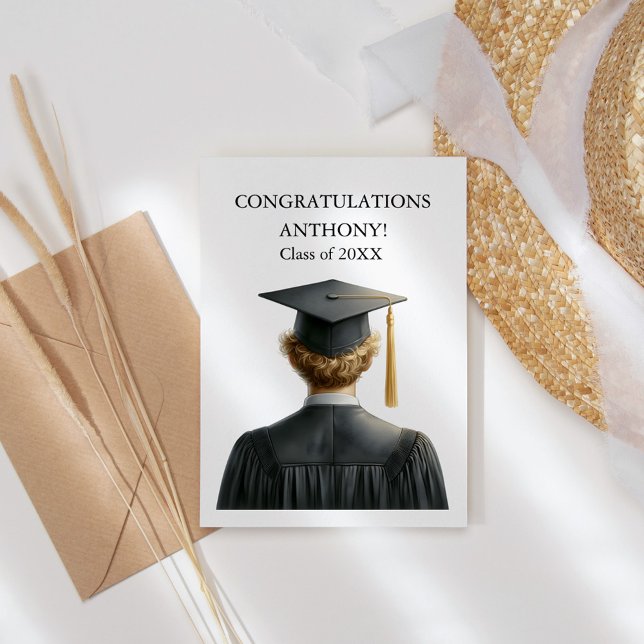 Congradulations Blonde Male Graduate in Black Gown Thank You Card (Creator Uploaded)
