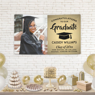 Congrats 1 Photo Black & Gold Faux Foil Graduation Banner