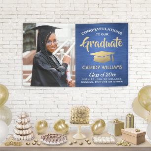 Congrats 1 Photo Blue Gold White Modern Graduation Banner