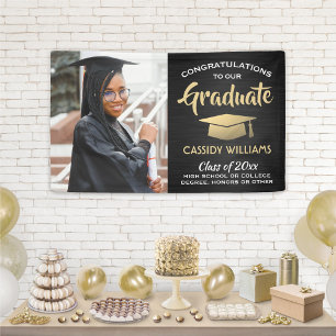 Congrats 1 Photo Brushed Black and Gold Graduation Banner