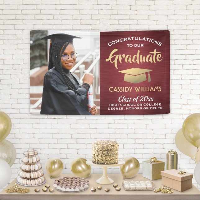 Congrats 1 Photo Burgundy Red and Gold Graduation Banner (Creator Uploaded)