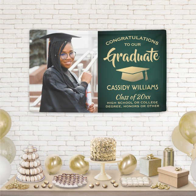 Congrats 1 Photo Green and Gold Modern Graduation Banner (Creator Uploaded)