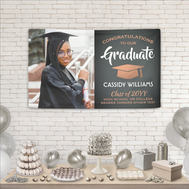 Congrats 1 Photo Grey and Faux Copper Graduation Banner (Creator Uploaded)