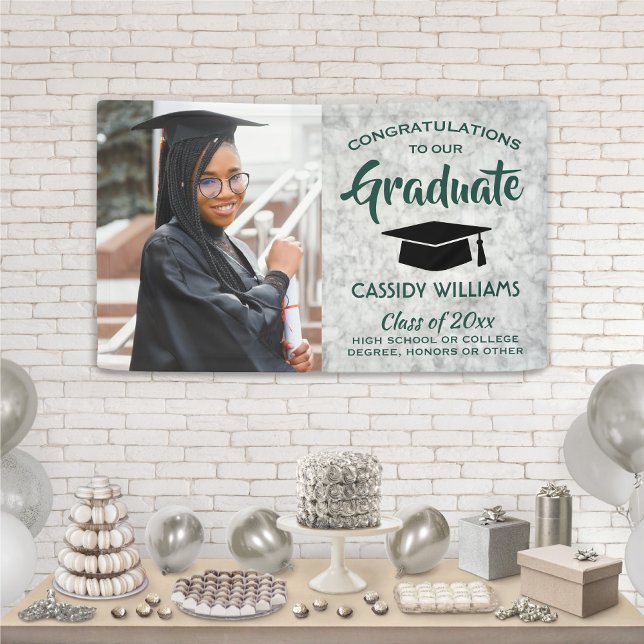 Congrats 1 Photo Marble Green and White Graduation Banner (Creator Uploaded)