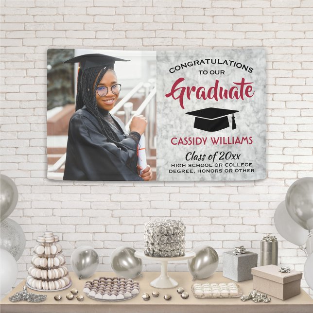 Congrats 1 Photo Marble Red White Black Graduation Banner (Creator Uploaded)