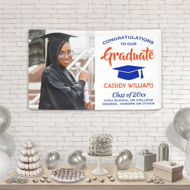 Congrats 1 Photo Modern Orange and Blue Graduation Banner (Creator Uploaded)