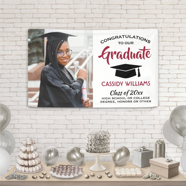 Congrats 1 Photo Modern Red Black White Graduation Banner (Creator Uploaded)