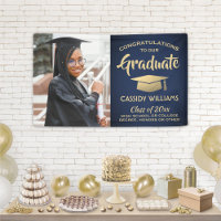 Congrats 1 Photo Navy Blue Gold Modern Graduation