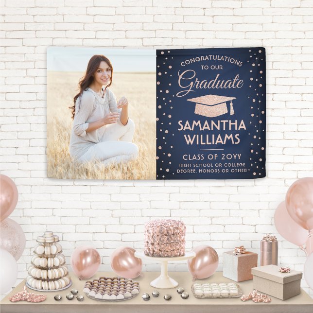 Congrats 1 Photo Navy Blue Pink Glitter Graduation Banner (Creator Uploaded)