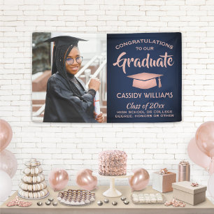 Congrats 1 Photo Navy & Pink Rose Gold Graduation Banner