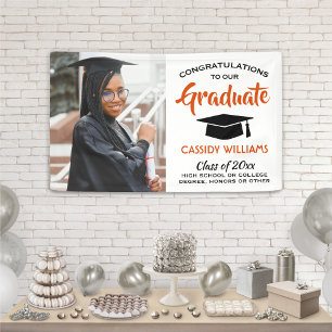 Congrats 1 Photo Orange Black and White Graduation Banner