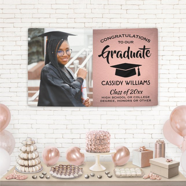 Congrats 1 Photo Pink Rose Gold & Black Graduation Banner (Creator Uploaded)