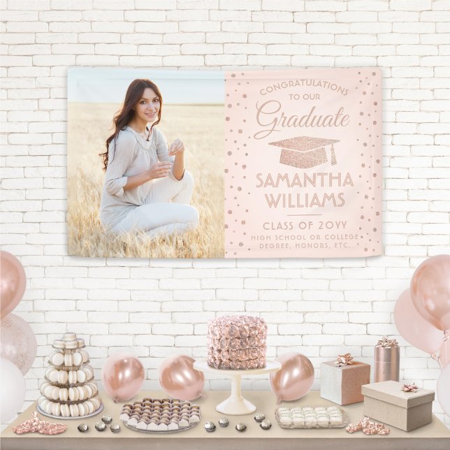 Congrats 1 Photo Pink Rose Gold Glitter Graduation Banner (Creator Uploaded)