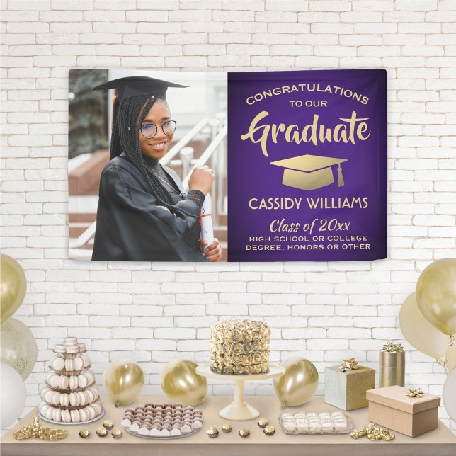 Congrats 1 Photo Purple and Gold Modern Graduation Banner (Creator Uploaded)
