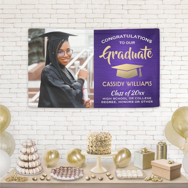 Congrats 1 Photo Purple Gold and White Graduation Banner (Creator Uploaded)
