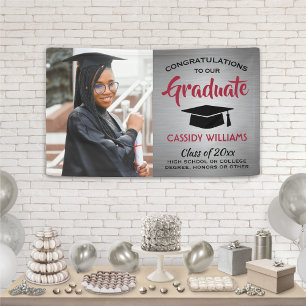 Congrats 1 Photo Red Grey Black Modern Graduation Banner