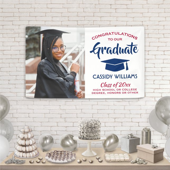 Congrats 1 Photo Red White and Blue Graduation Banner (Creator Uploaded)
