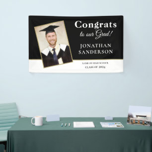 Congrats 2025 Grad Name Photo Black White Gold Banner