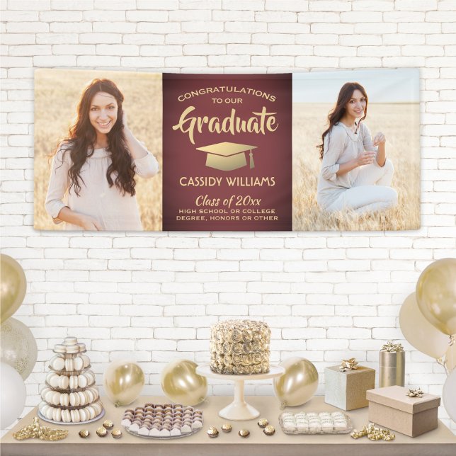 Congrats 2 Photo Burgundy Red and Gold Graduation Banner (Creator Uploaded)