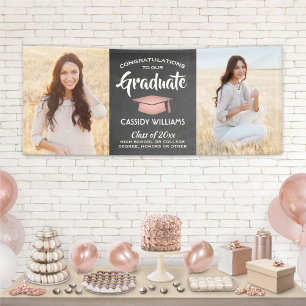 Congrats 2 Photo Chalkboard Pink Black Graduation Banner
