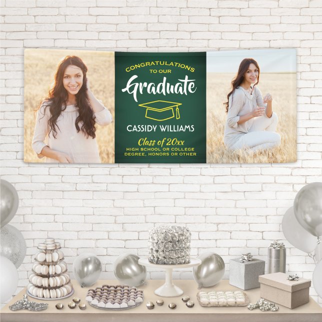Congrats 2 Photo Green Gold Yellow Graduation Banner (Creator Uploaded)