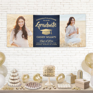 Congrats 2 Photo Navy Blue Gold Modern Graduation Banner