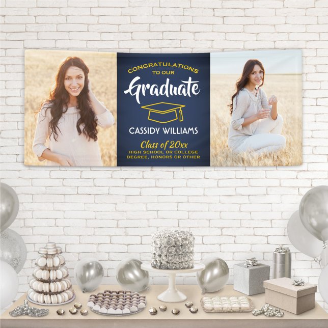 Congrats 2 Photo Navy Blue Gold Yellow Graduation Banner (Creator Uploaded)