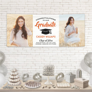 Congrats 2 Photo Orange Black and White Graduation Banner